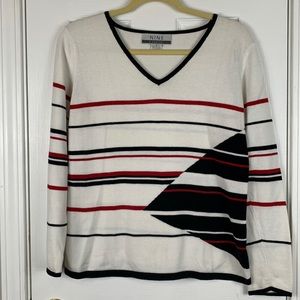 Nine & Company white,red, black long sleeved sweater with V neck size medium